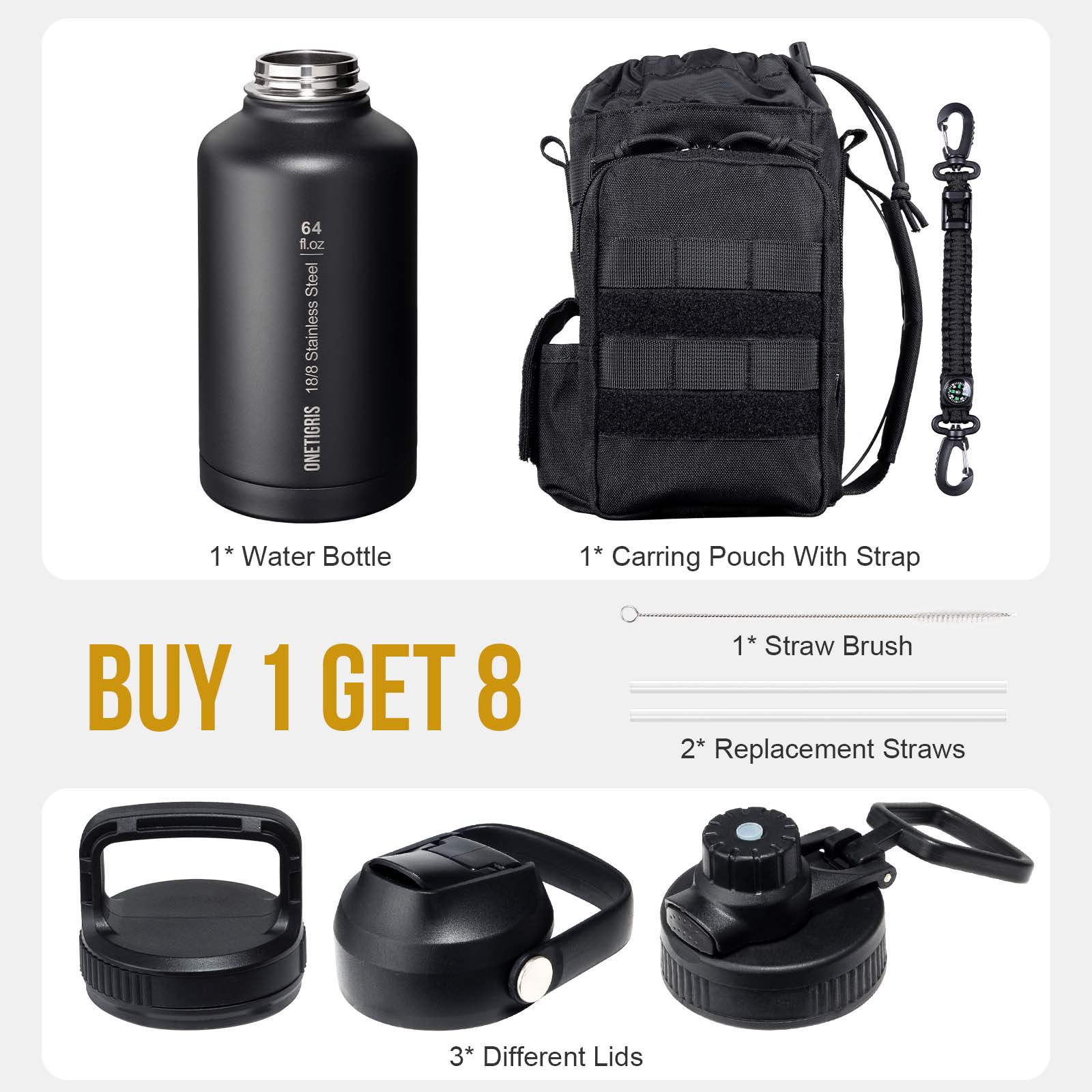 64oz Stainless Steel Insulated Water Bottle with Pouch set